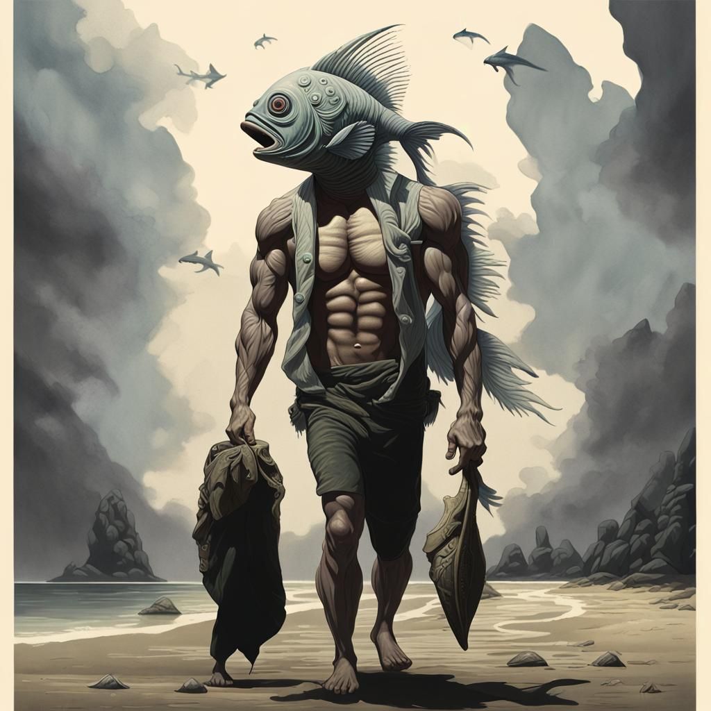Anthropomorphic fish headed man, a primitive muscular creatu...