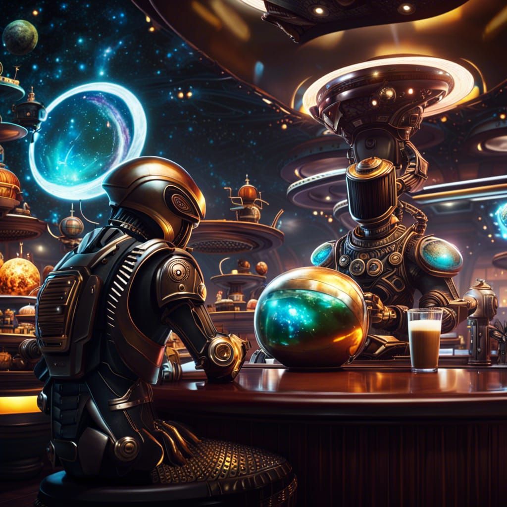 Futuristic Coffee Shop in Space, where the robot waiter replicates your order to your liking every time!  by @Boo Boo