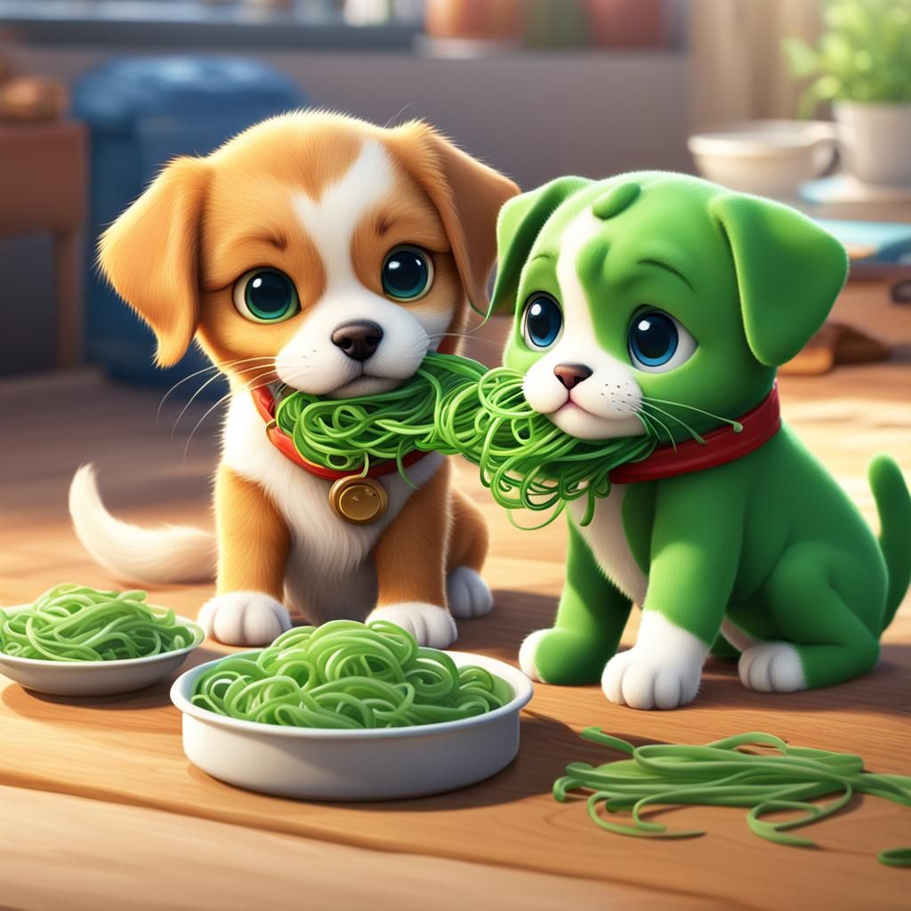 super cute puppy and kitten, eating green noodles, 64k, UHD,...