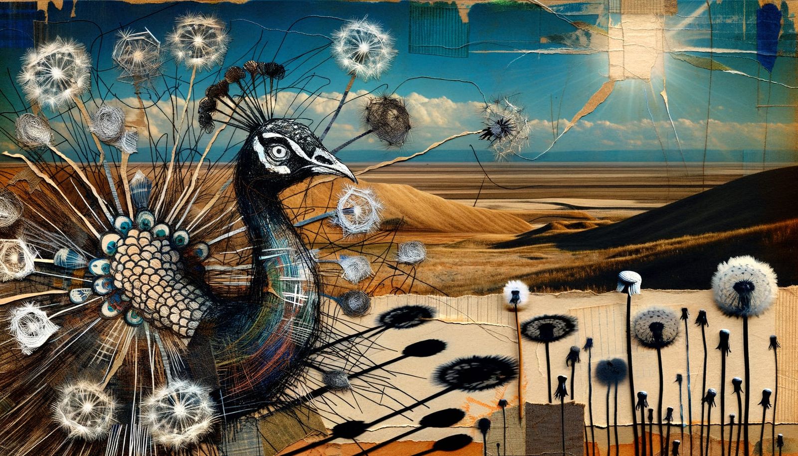 Surreal Folk Art Collage of Peacock in Desert Landscape with...