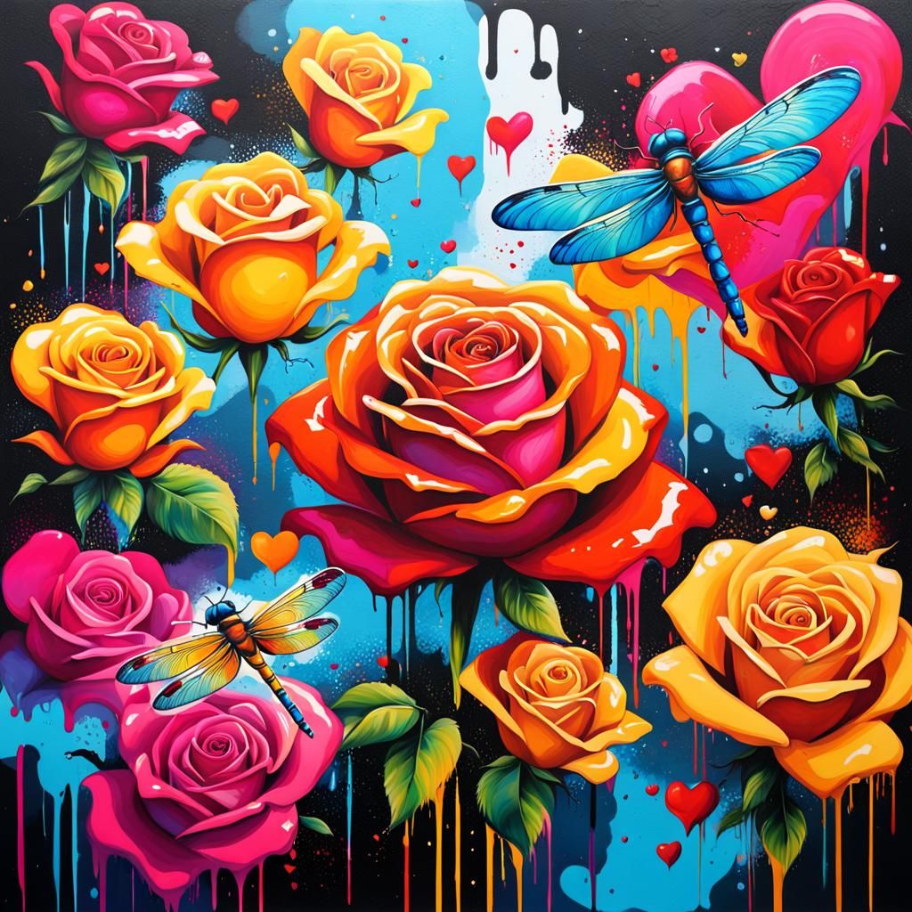 Super bright Roses, hearts and dragonflies