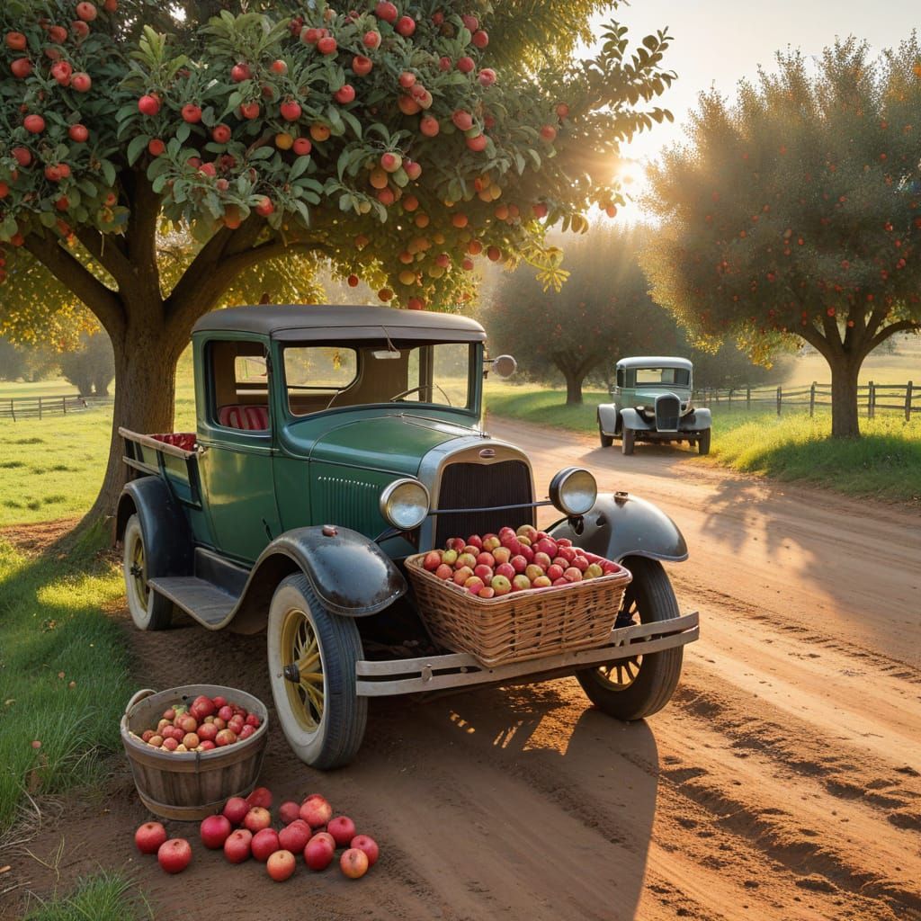 A basket of apples with a red checkered lining, under an apple tree with one old rusty faded green 1930's model t Ford truck on a dirt road ...