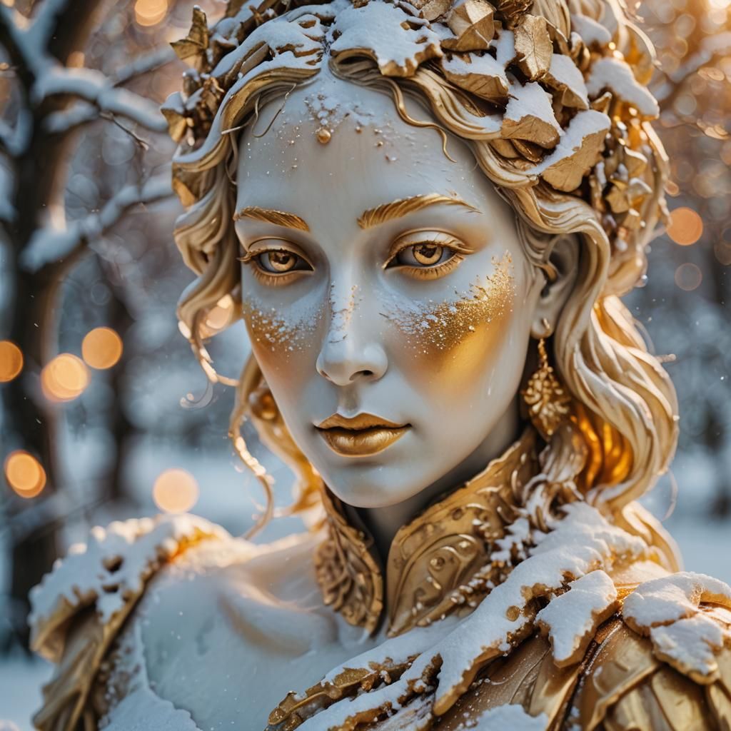 Ember Aurora of luminescent skin of woman statue laying in b...