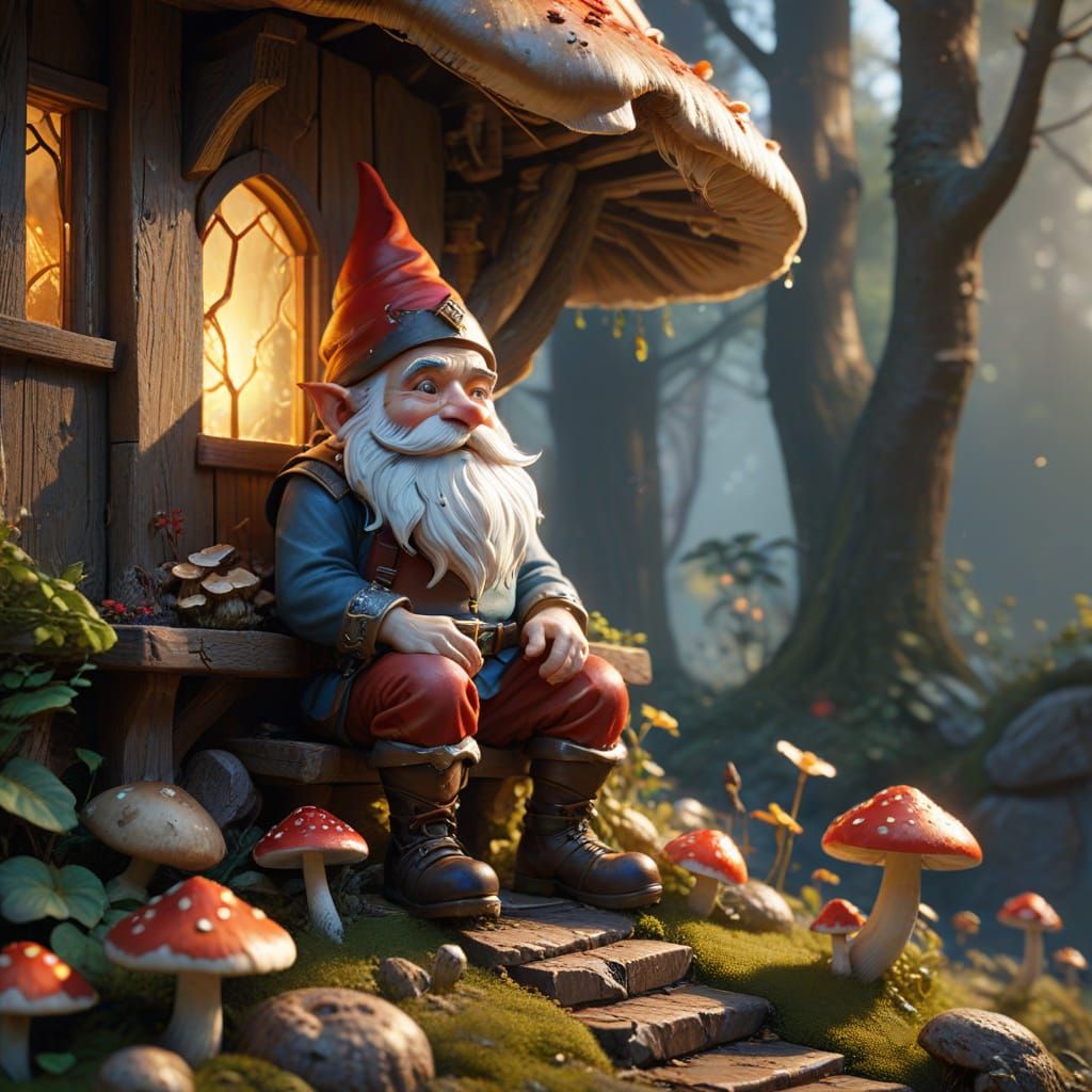 Gnome on Mushroom House Balcony in Anime Style