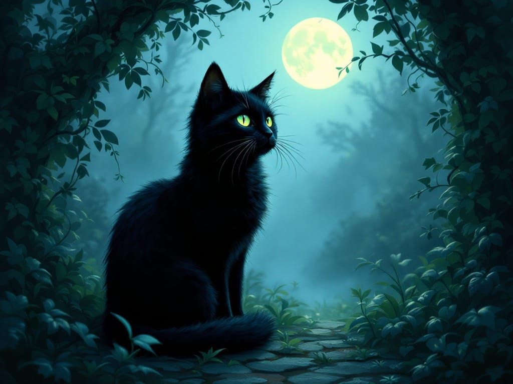 Mystical Black Cat in a Moonlit Garden