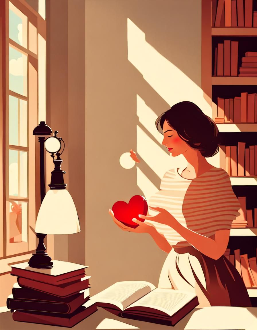 woman with heart in hand, sunny day, books, lamp