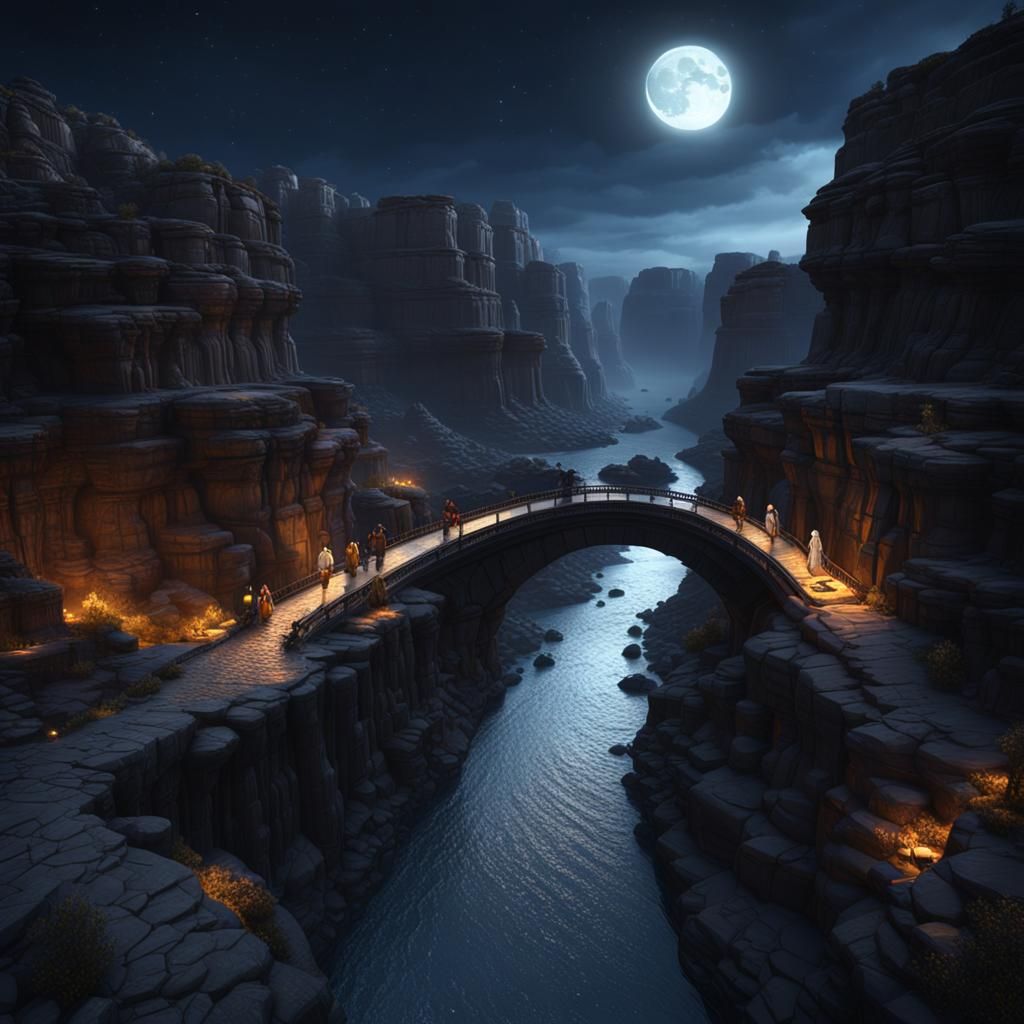 A black river flows through a canyon,a gray stone bridge cro...