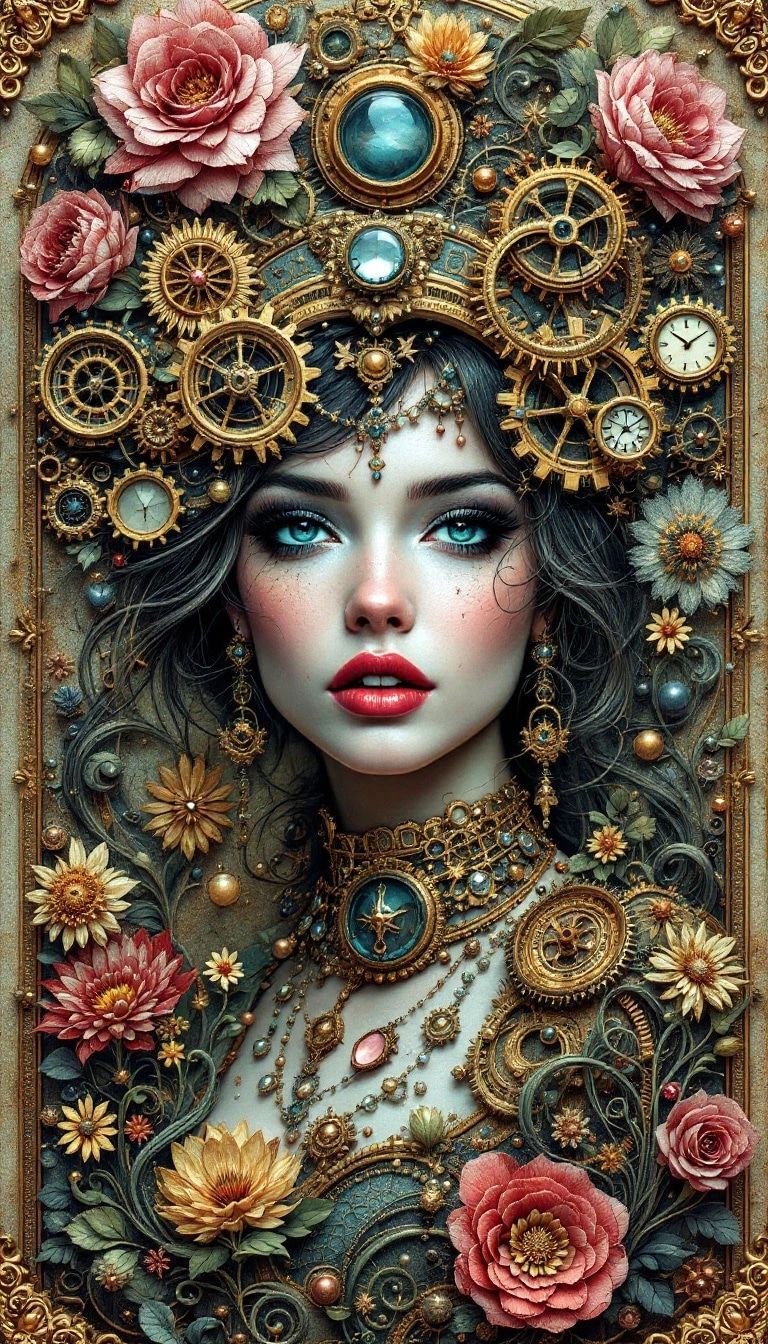 Aquarel, Steampunk, beadwork, Quilling, Portrait of a beauti...