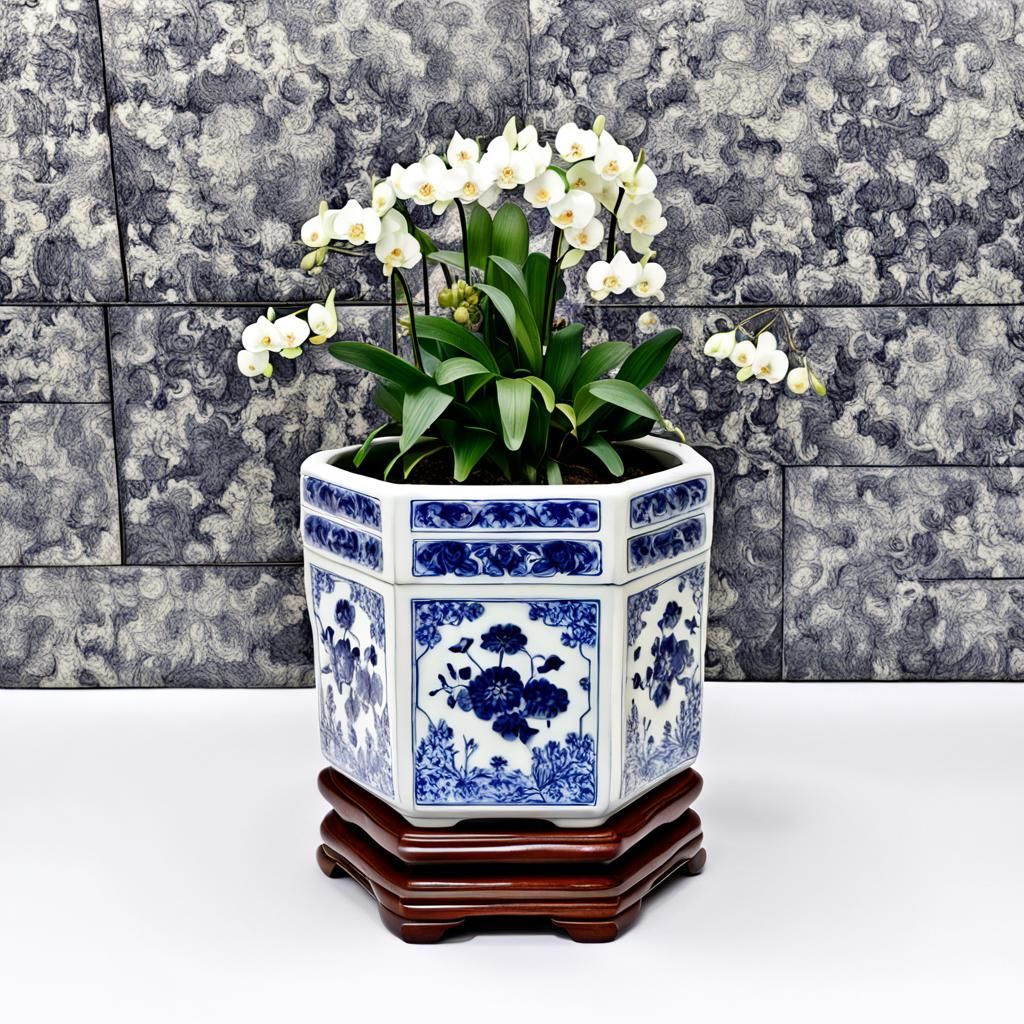 Orchids in Gouache Style on Wooden Stand