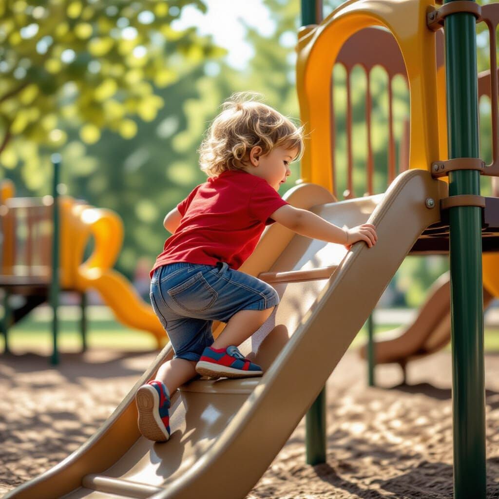 Child Climbing Playground Slide in Hyperrealistic Style