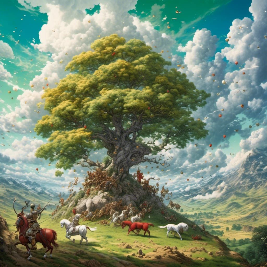 <lora:MeinaCafe:1.0> Grasslands, Blue, bionics, apple tree, ...