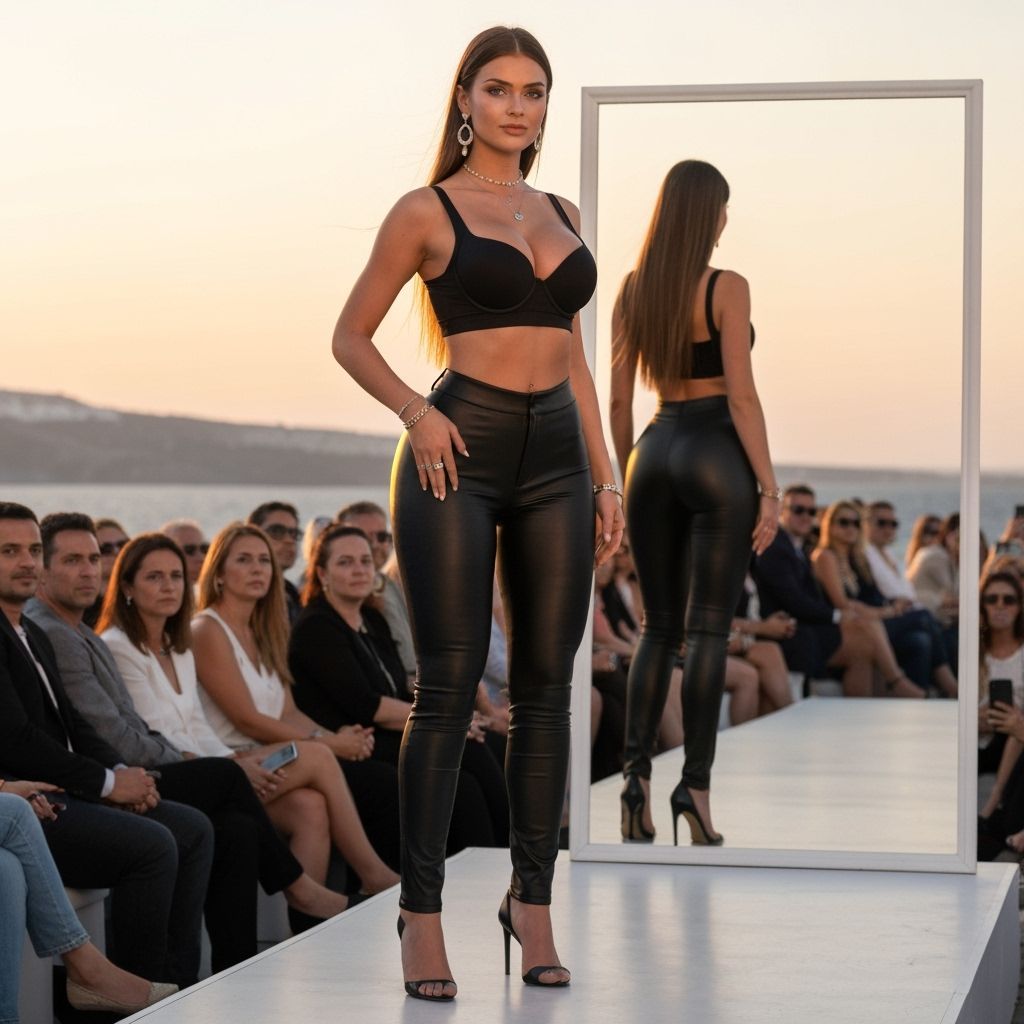 Stunning Woman on Runway During Sunset Fashion Show