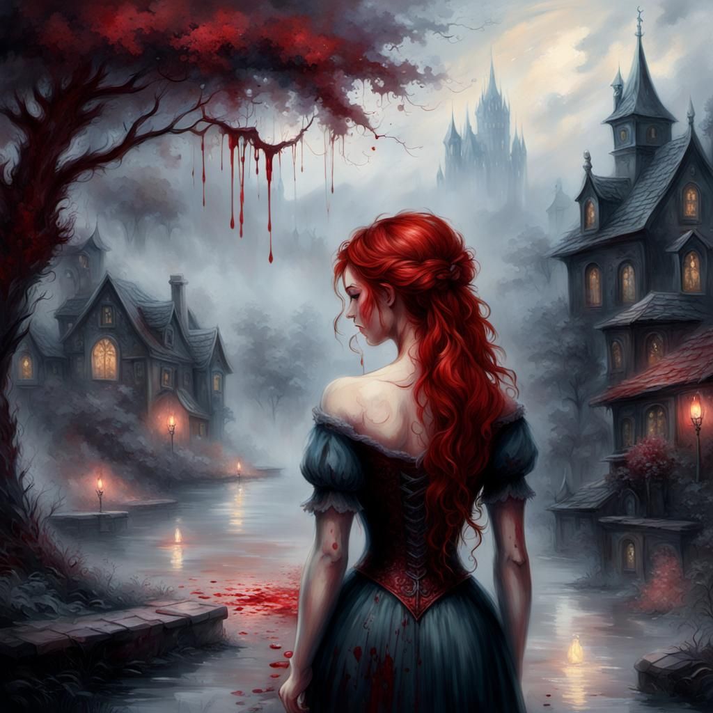background with dark colors, with blood splashes, a red-hair...