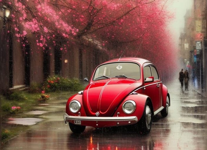 "Stunning whimsical vintage red Volkswagen beetle car on spring blossomed street after rain!!! a breathtaking ... false