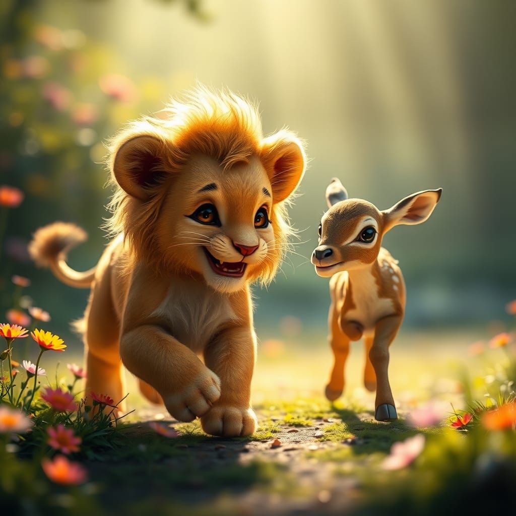 Lion Cub and Deer Play in Sunny Meadow