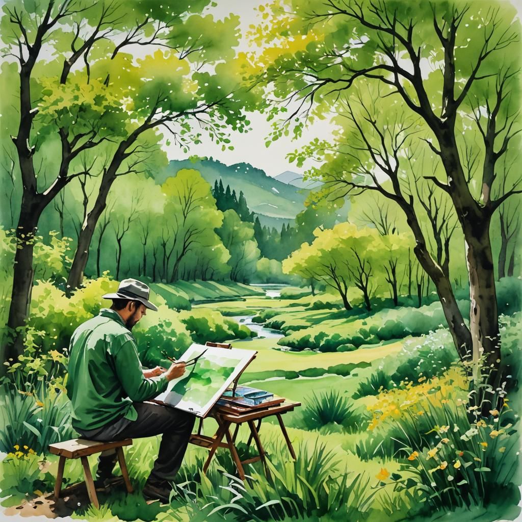 An artist sketches an image of the green nature.