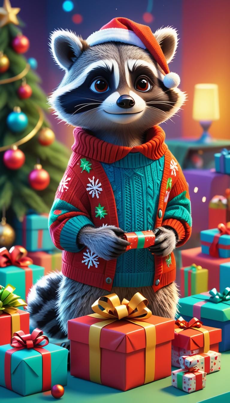 Christmas raccoon wearing a sweater wrapping presents