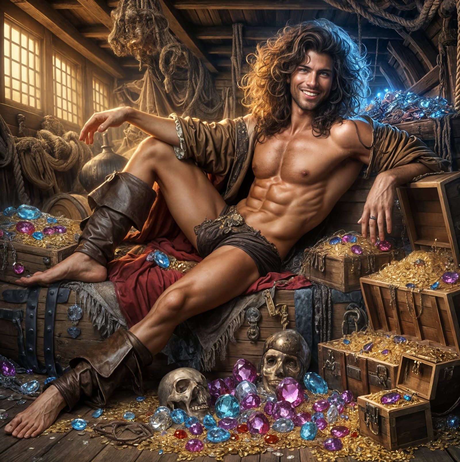 Pirate Luxuriates in His Treasure