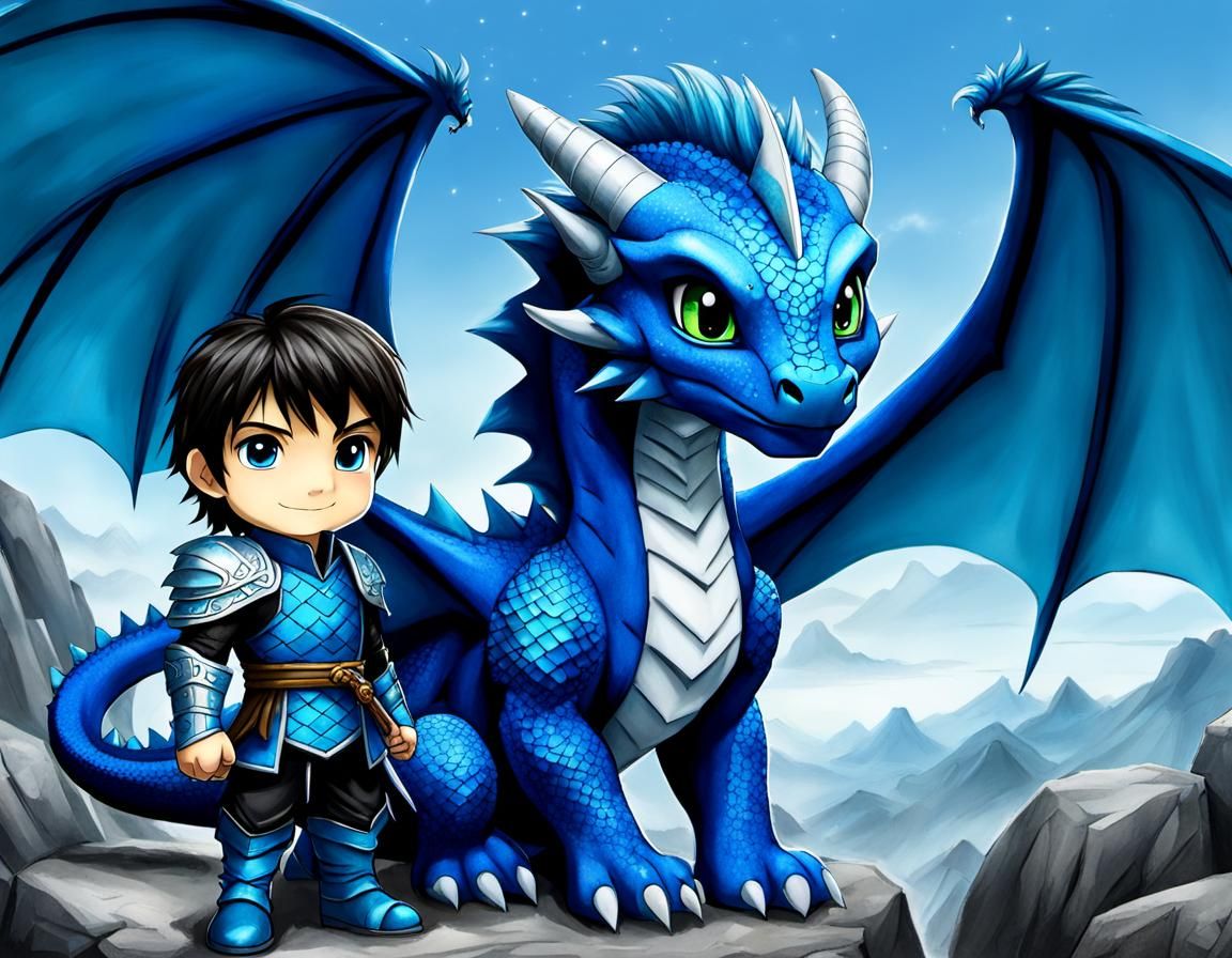 chibi Eragon standing beside his chibi blue dragon Saphira t...