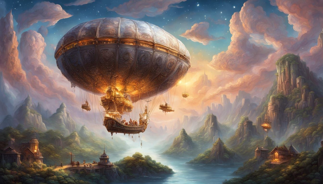 An illustration of a colossal, fantastical airship, propelled by shimmering crystals, soaring above floating islands where waterfalls plunge...