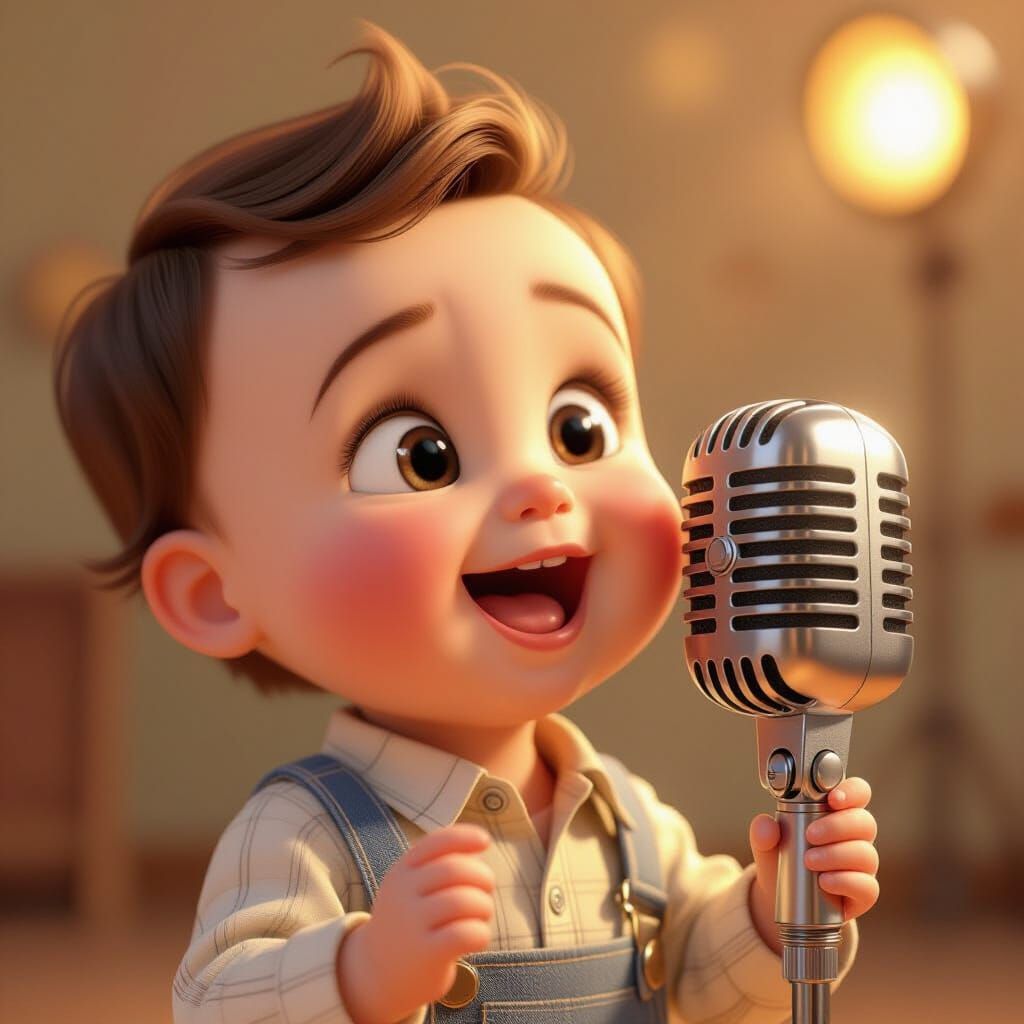 Joyful Baby Sings Into Vintage Microphone in Studio