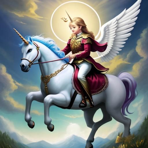 Angel riding on a unicorn reading a book