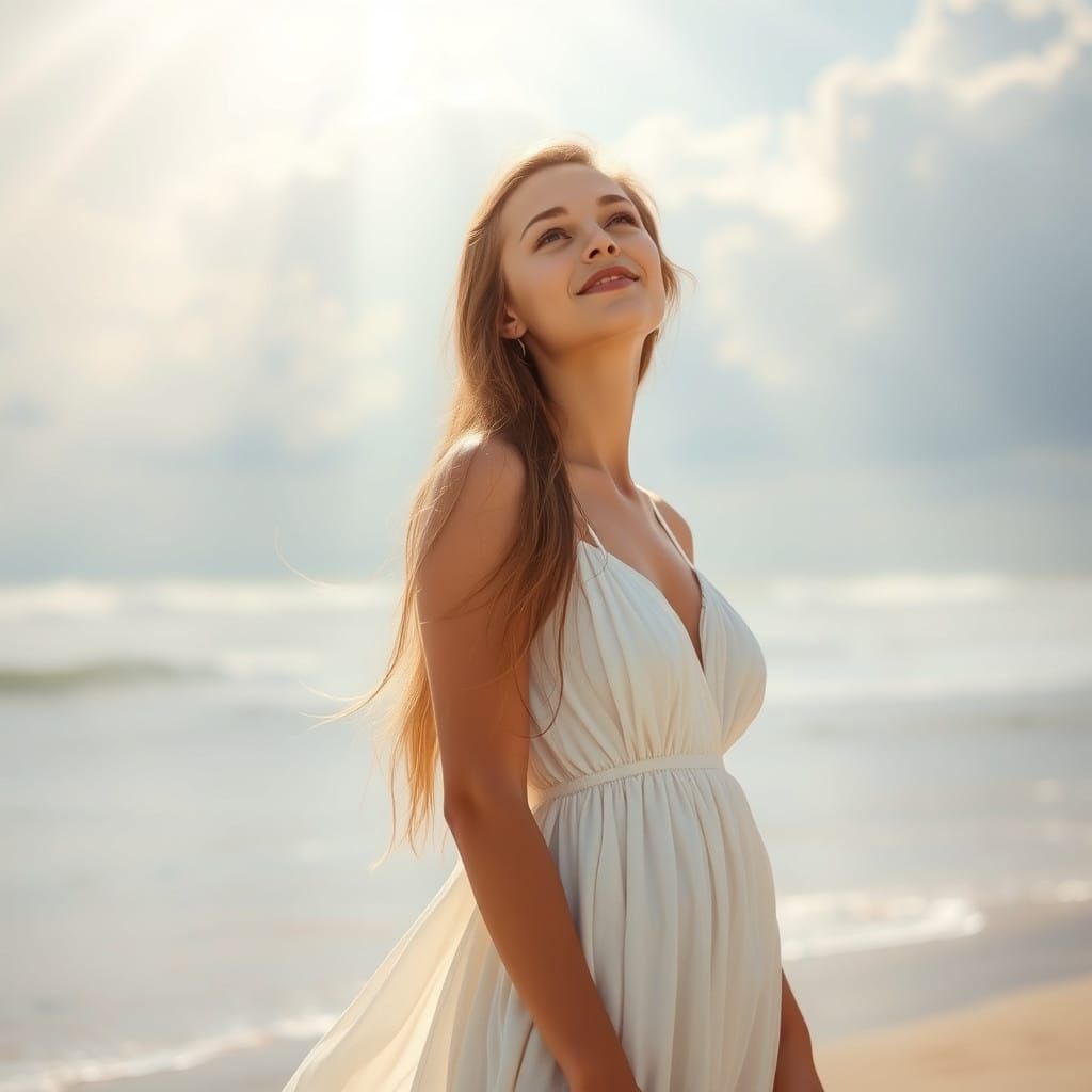 young lady naked at the beach - Serene Beach Scene in Pre-Ra...