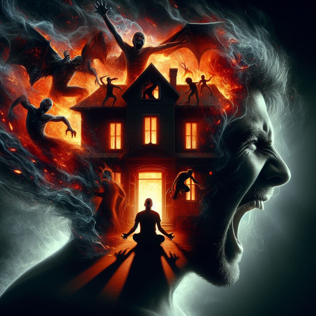 Though I try to center myself, the house still burns, the demons still laugh