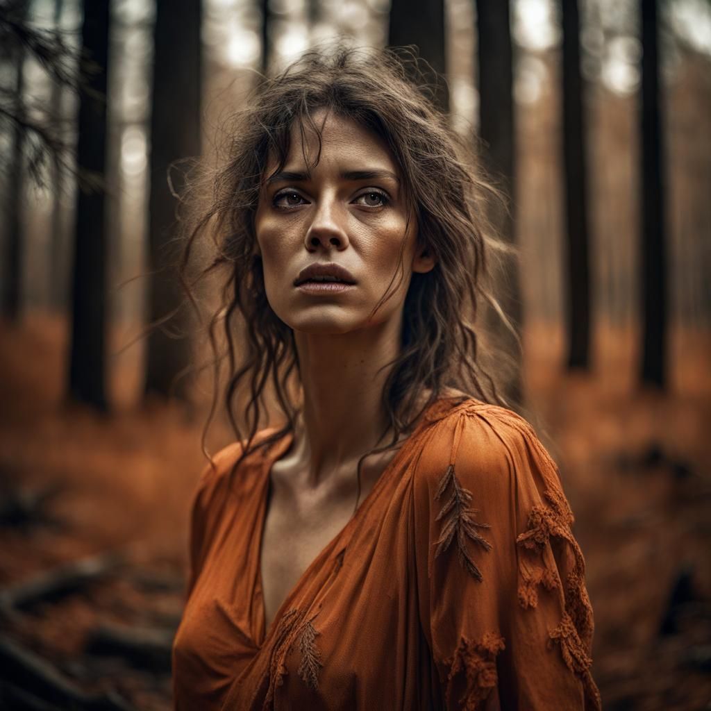 Portrait of a tired and disheveled woman in a forest in a di...