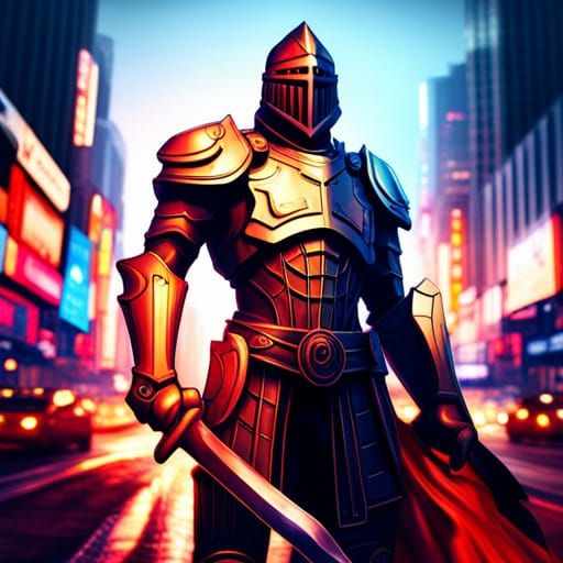 Traditional Knight in the cyberpunk city