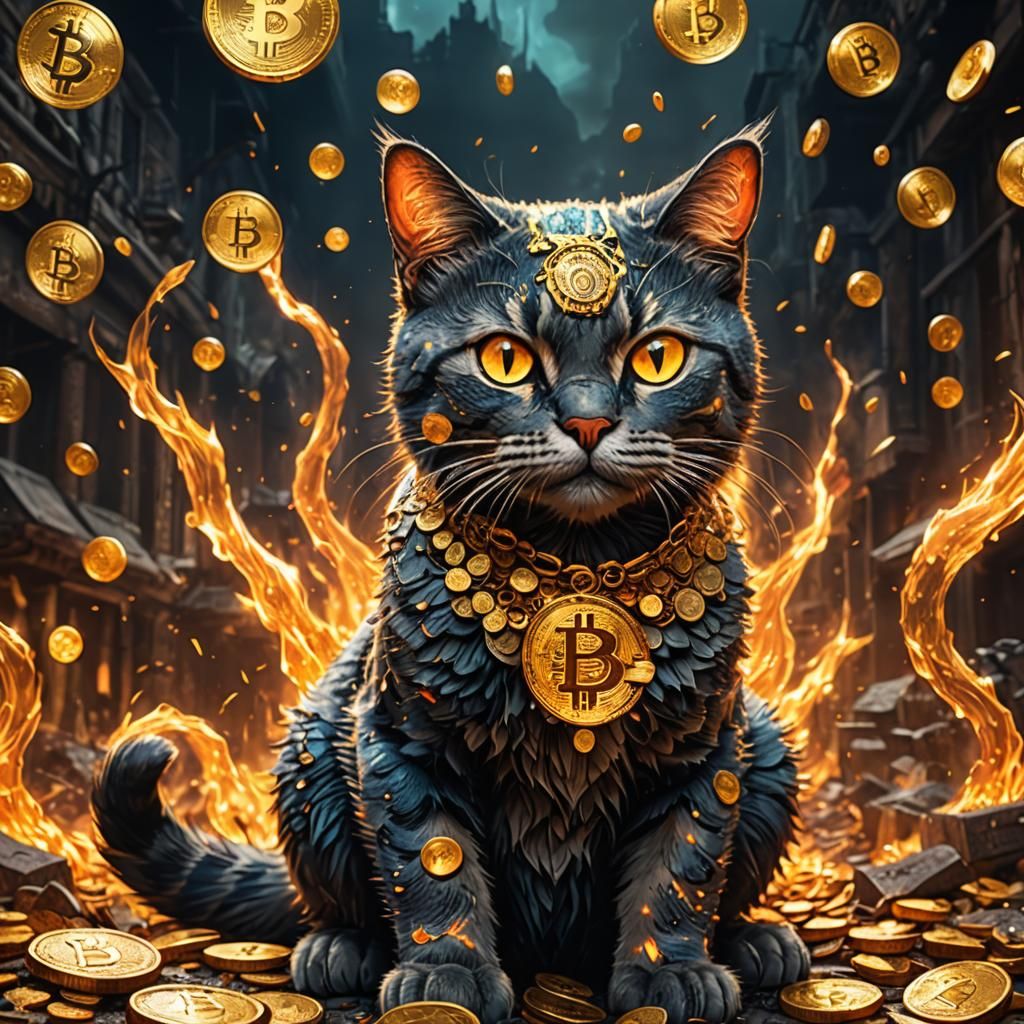 dual layer, top layer a cat made of bitcoins, back layer made of fire.