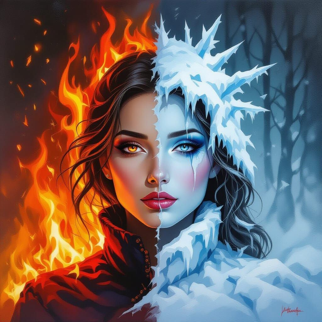 Dual-Faced Woman: Fire and Ice Portrait