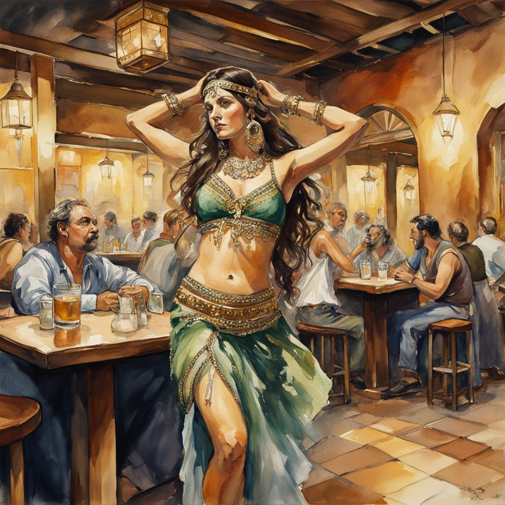 watercolor beautiful Greek womans bellydancer in a tavern at night. Men sit at tables, watch and drink. Shades of brown, beige, sage, green,...