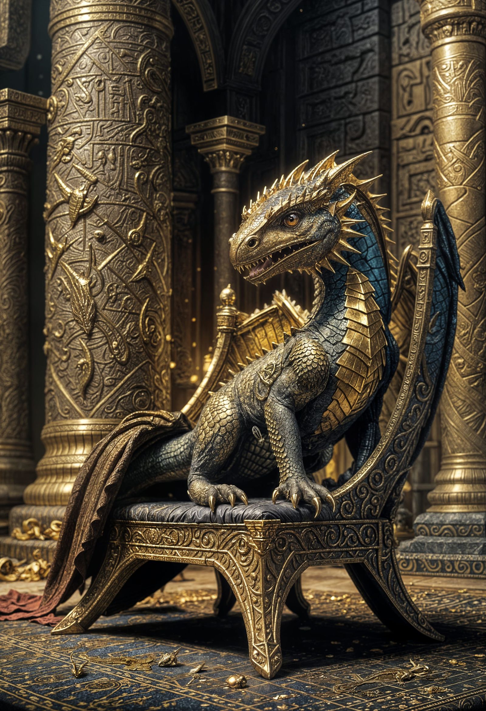 A baby wyvern sitting on a throne