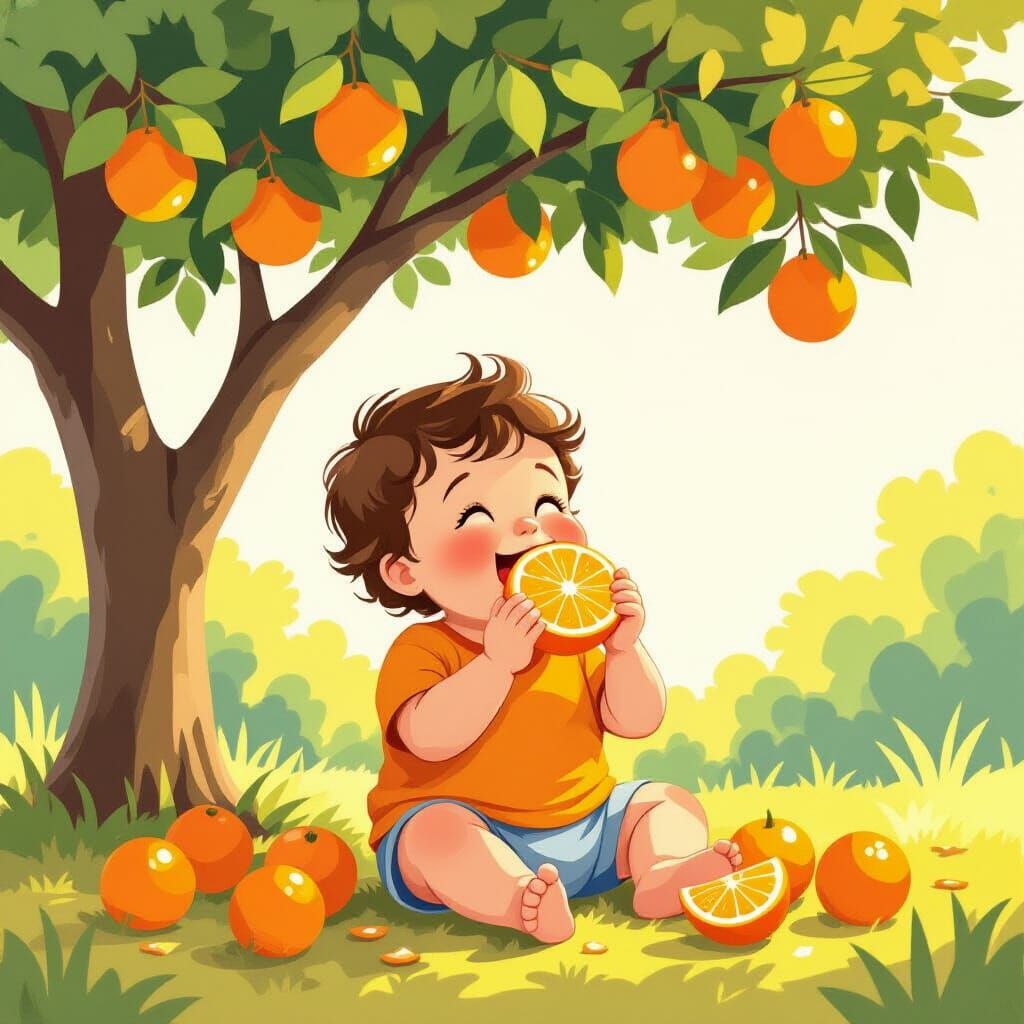 Joyful Baby Eats Orange Under Citrus Tree