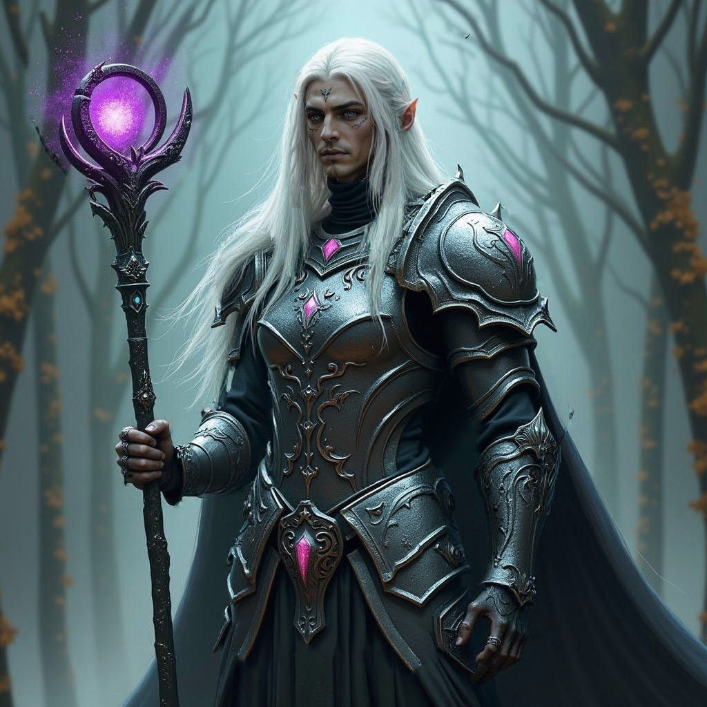 Create an epic Dark Elf with long white hair in an awesome armor holding a magic staff for Dungeons and Dragons