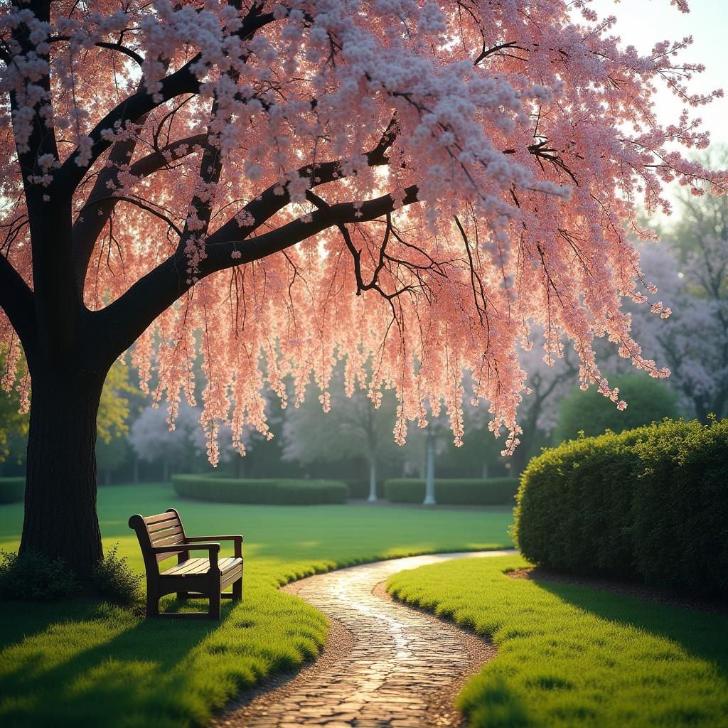 A photorealistic serene park or garden setting, basking in the soft, warm glow of a late afternoon sun. The focal point is a majestic weepin...