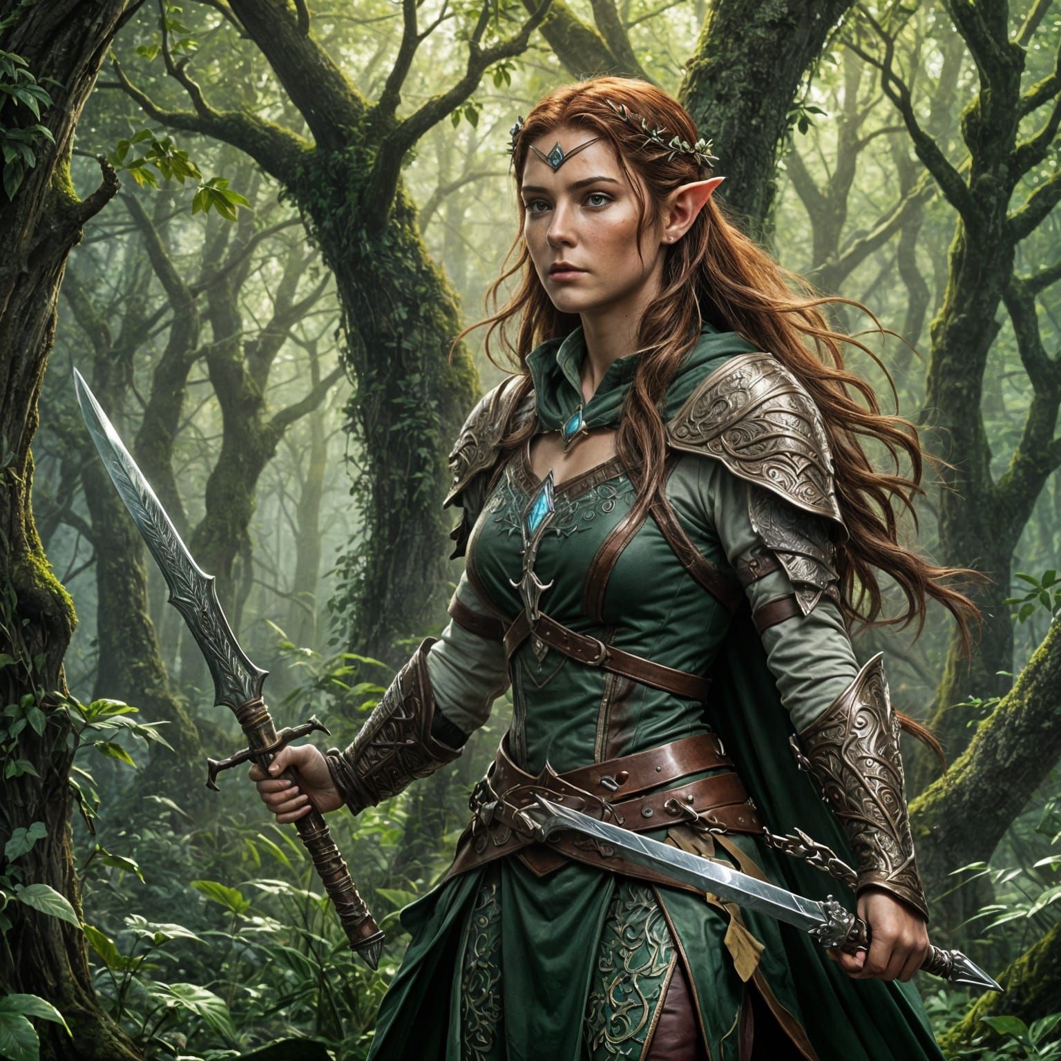 A female elven druid with dark copper hair in a dense, mystical forest. She wears leather armor, holds a scimitar in her right hand, and a b...
