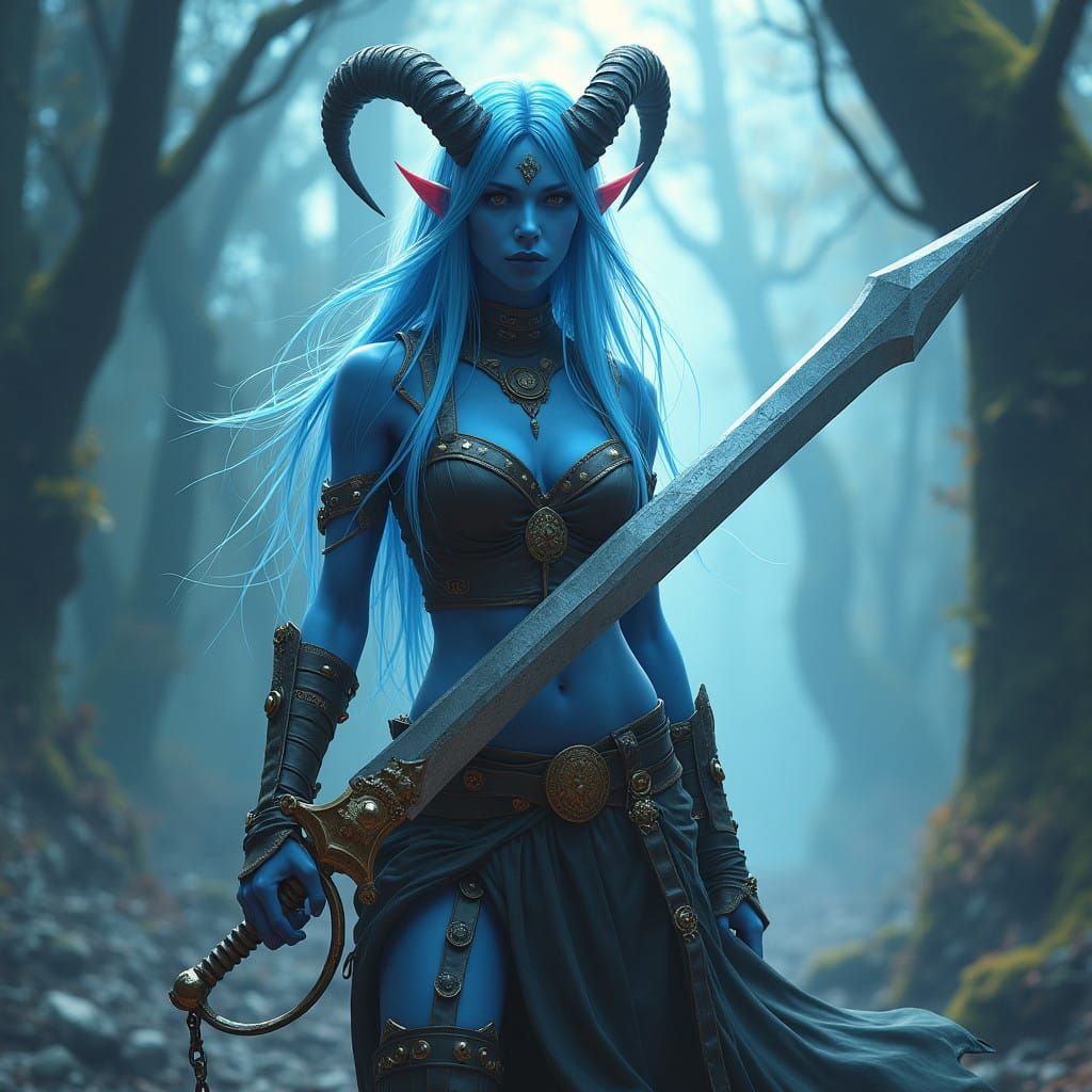 Majestic Female Warrior in Radiant Blue Armor, wielded by Fa...