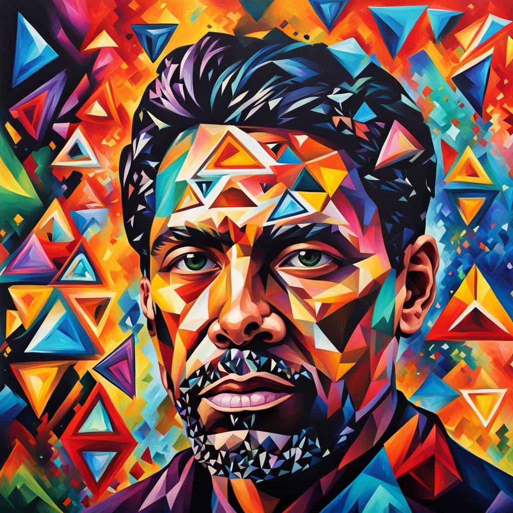 Abstract person with diamond and triangles pattern in color.