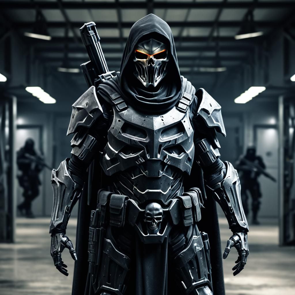 Halo Spartan in black tactical armor grim reaper in military facility ...