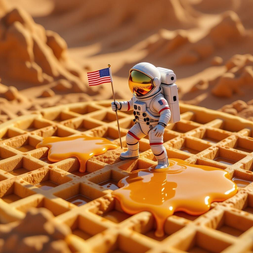 Highly detailed CGI Tiny astronaut exploring the craters of a giant waffle, planting a flag in melting syrup pools.