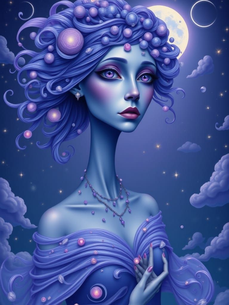 A regal, ethereal being with bluish-purple skin that shimmers with a soft, cosmic luminescence, as if the night sky itself had taken on a hu...