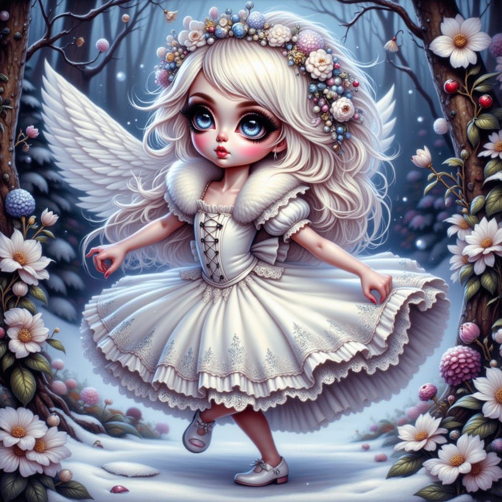 a whimsical hyperrealistic airbrushed oil painting of a sweet adorable fairy dressed in sparkling white dress trimmed with white fur, white ...