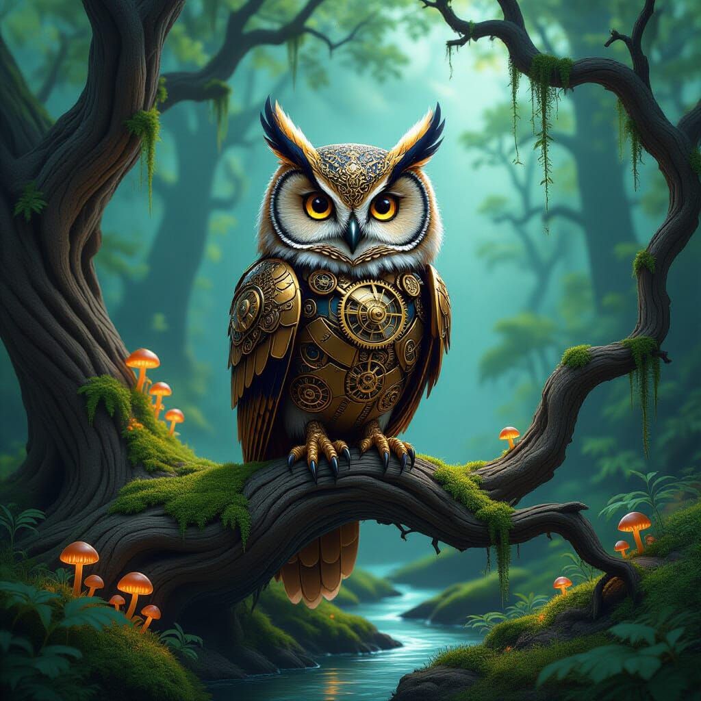 Mechanical Owl in Glowing Forest