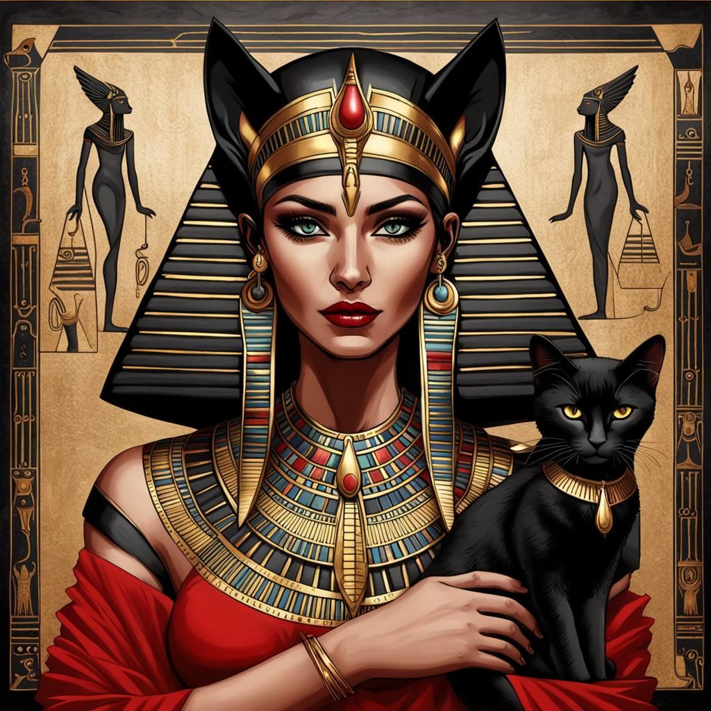 Egyptian occult priestess with cat guardian crimson gold and...