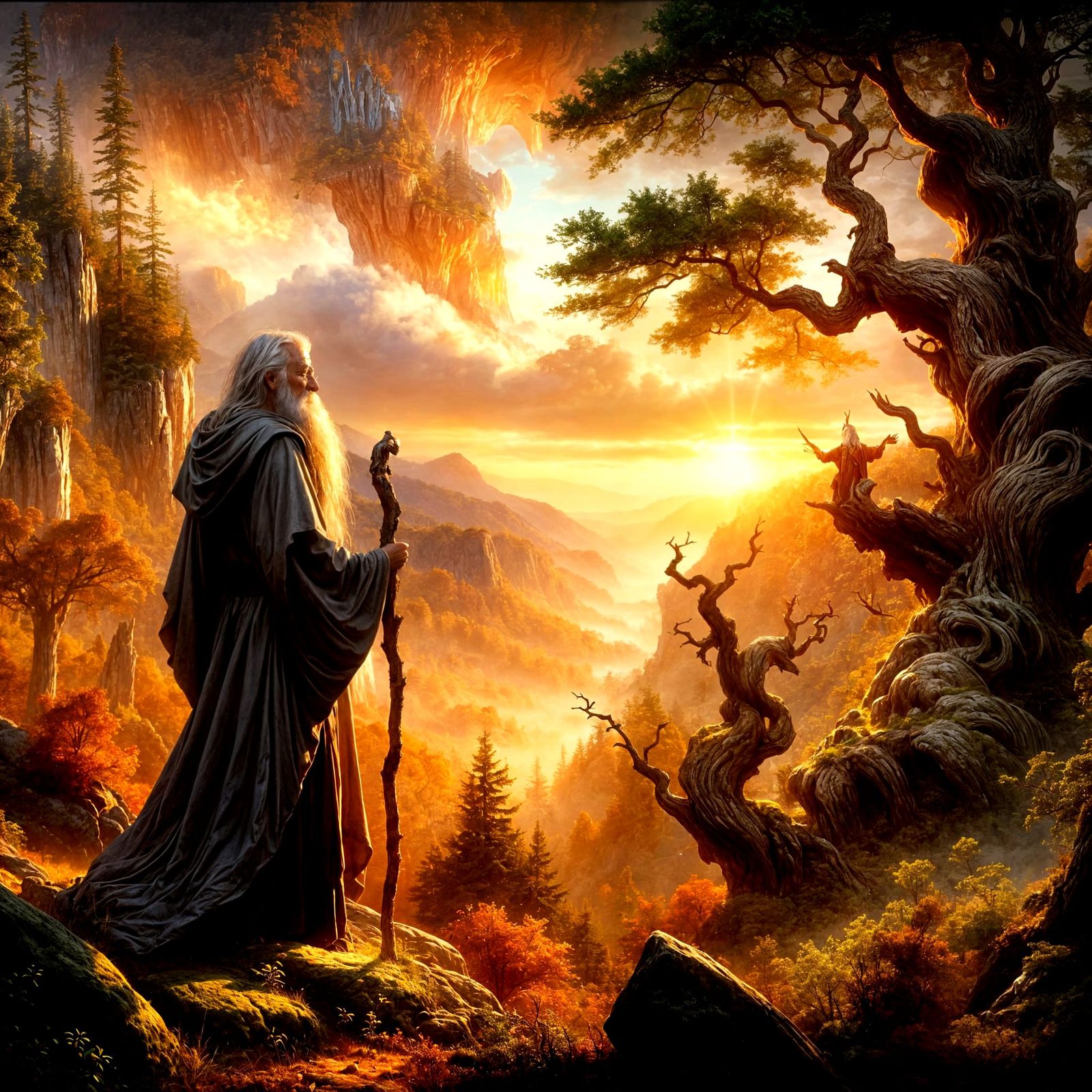 Fantasy concept art. Medium shot. Gandalf stands on a rocky ...