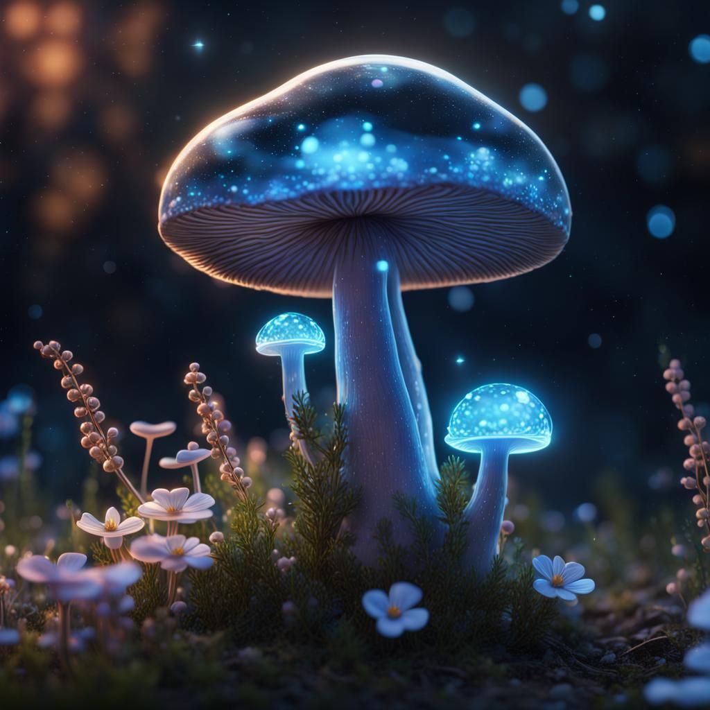 beautiful sparkly bioluminescent glowing glass mushroom growing with little flowers next to it night ...  by @Kat