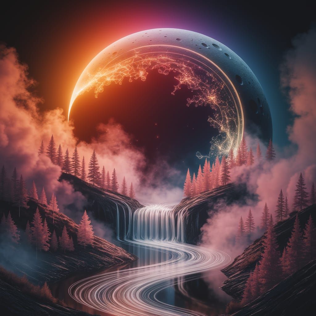 the moon in its first phase, one end of the moon is directed upward and glows with a bright fiery light, the other end is inclined towards t...