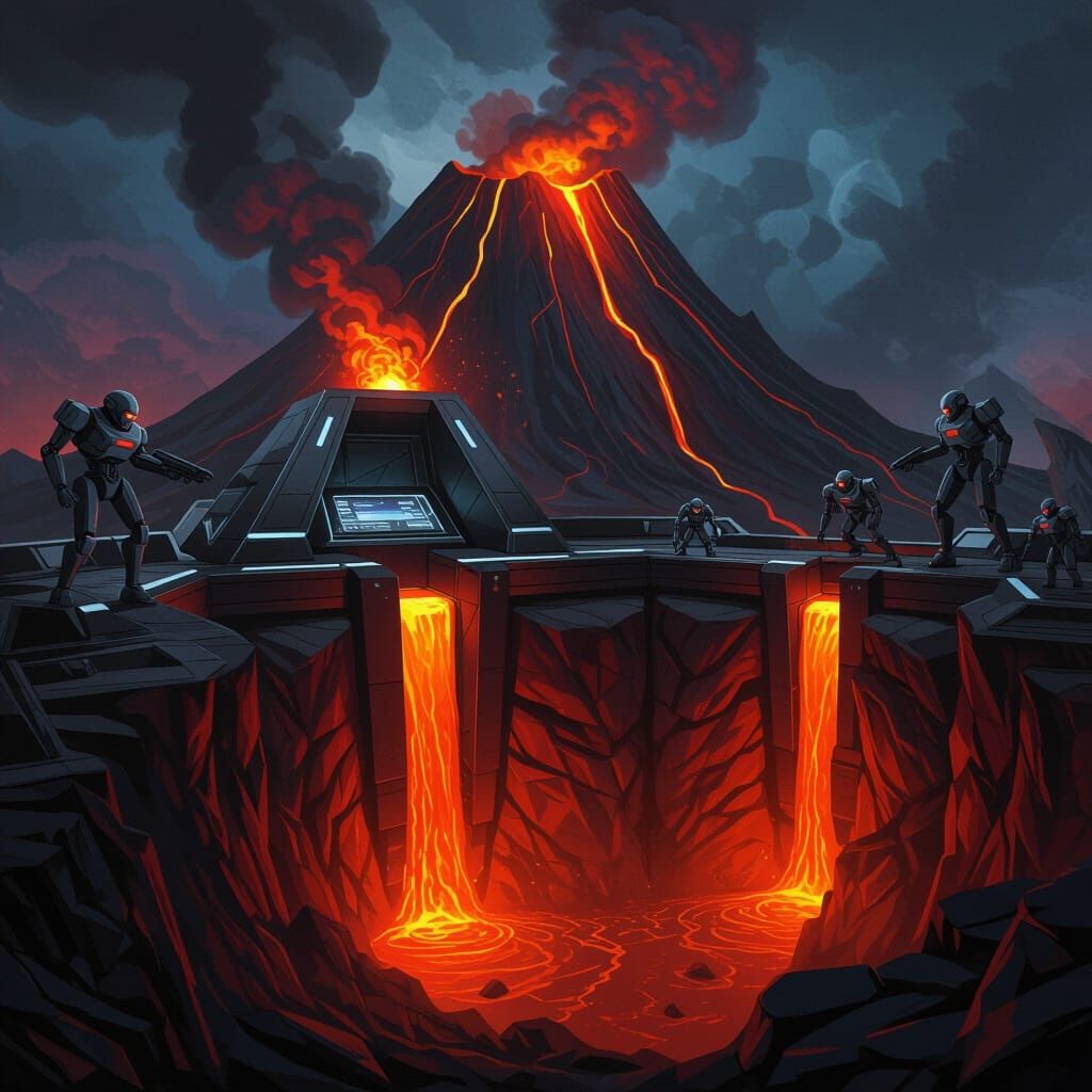 A volcanic island fortress, carved into the heart of an active volcano, spewing smoke and molten rock. The hideout features a sleek, obsidia...